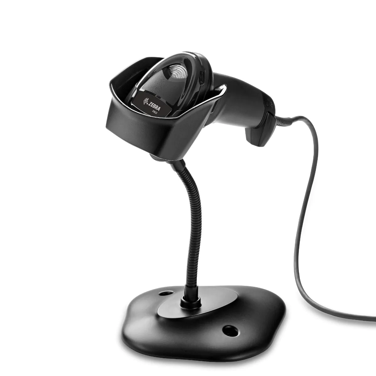 Zebra DS2208 1D/2D Handscanner in Schwarz mit USB-Kabel und Standfuß für zuverlässiges Barcode-Scannen am Point of Sale