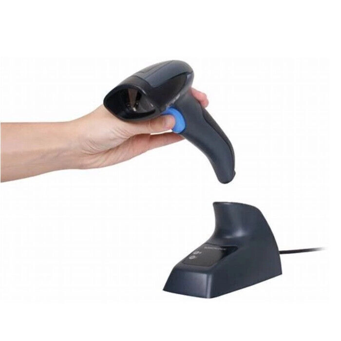 Handheld Datalogic QuickScan QBT2400 Bluetooth 2D barcode scanner above its charging dock, ideal for wireless POS, QR and warehouse scanning