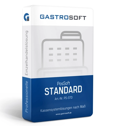 Produktverpackung der GastroSoft PosSoft Standard Kassensoftware für maßgeschneiderte Kassensystemlösungen im Einzelhandel und in der Gastronomie
