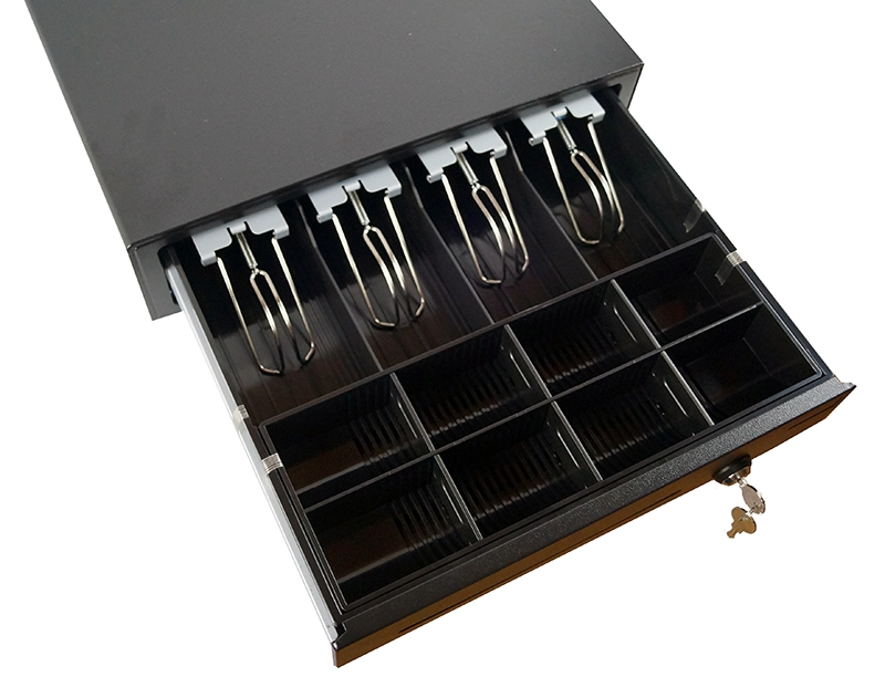 Geöffnete Kassenlade mit Münz- und Geldscheinfächern für MagicPOS 15 Zoll Touch MegaSetplus Handel Kasse mit TSE
