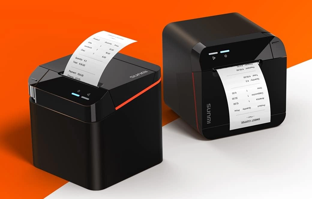 Sunmi Cloud Printer 80mm in Schwarz als Küchendrucker und Bondrucker mit gedruckten Bons, USB, Ethernet, WLAN, Bluetooth und Abschneider
