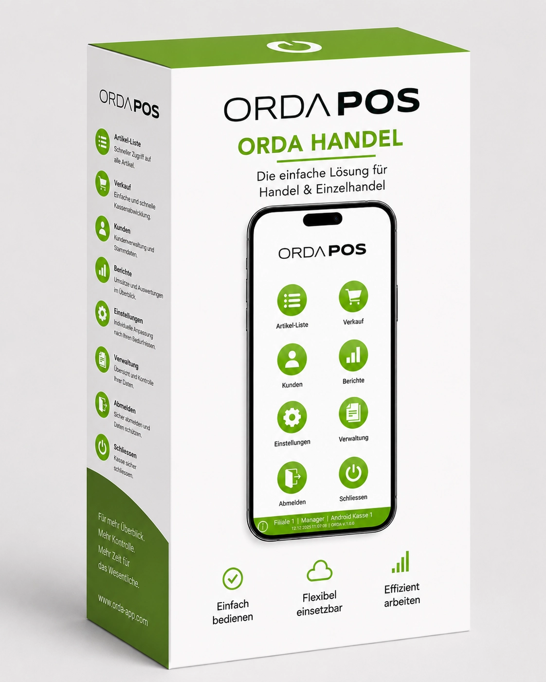 ORDA POS Orda Handel Android Kassensoftware von GastroSoft für Einzelhandel mit Artikel-Liste, Verkauf, Kunden, Berichten und Verwaltung auf Smartphone