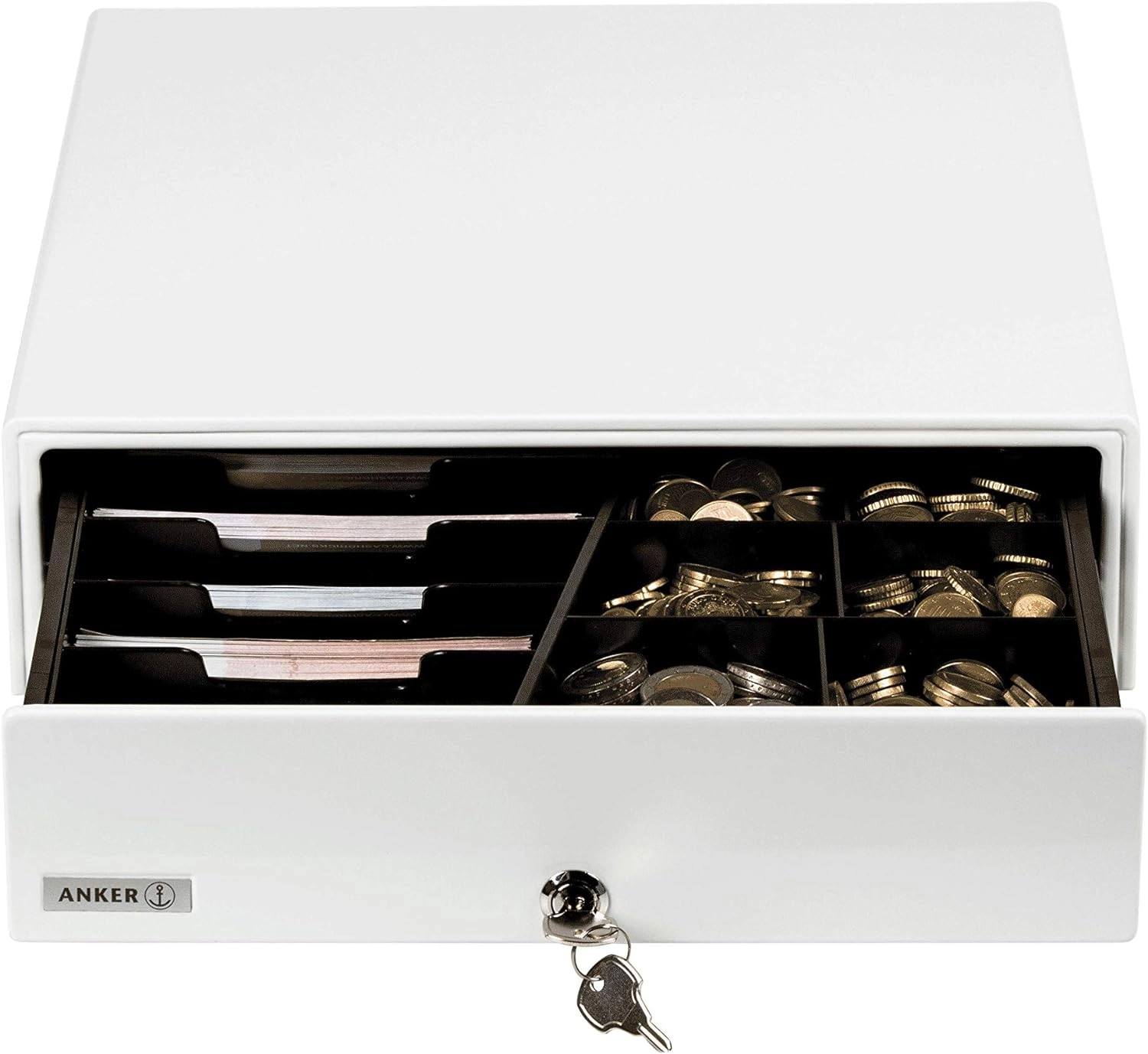 Open ANKER MDX13E glossy white cash drawer with lock, keys, note slots and coin compartments for retail or hospitality POS systems