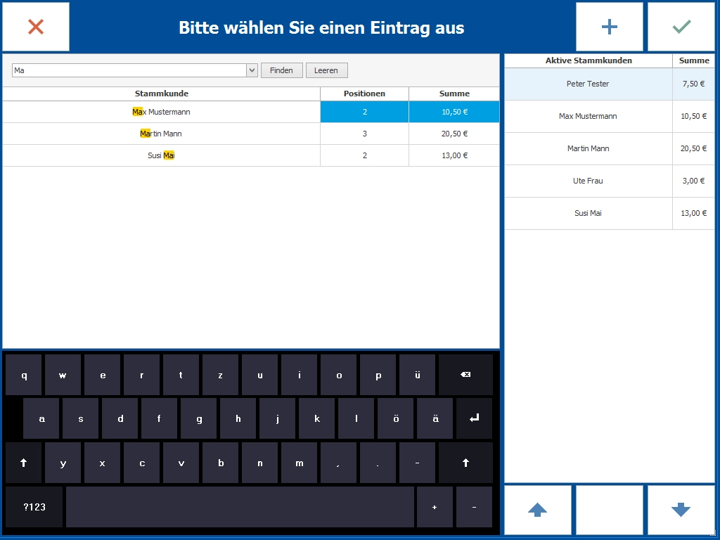 Screenshot der GastroSoft Light Kassensoftware auf MagicPOS 15-Zoll-Gastro-Kasse mit Stammkunden-Auswahl, Summenübersicht und Bildschirmtastatur.