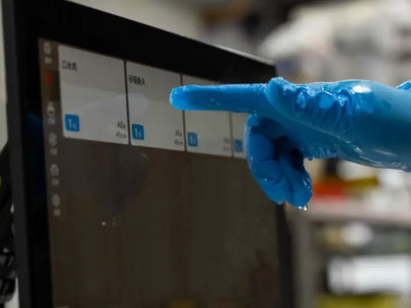 Hand mit Handschuh tippt auf Touchscreen