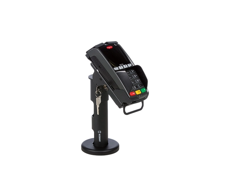 Abschließbare Anker Flexi Stand Halterung mit Ingenico EC-Kartengerät auf schwarzem Standfuß, manipulationssicher für POS-Kassenplätze