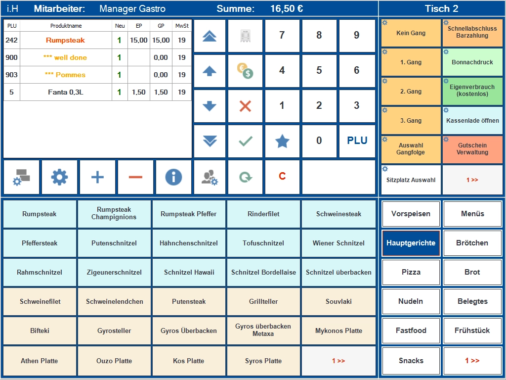 Screenshot eines digitalen Gastro Kassensystems mit Bestell-