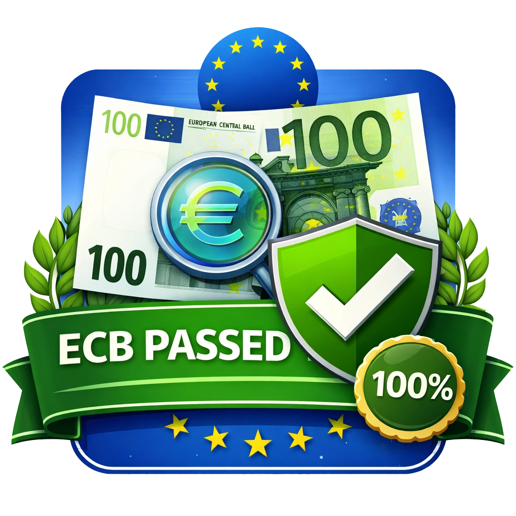 Grafik mit 100-Euro-Schein, Euro-Lupe, grünem Häkchen-Schild und Banner „ECB Passed“ als Hinweis auf 100% bestandene Echtheitsprüfung