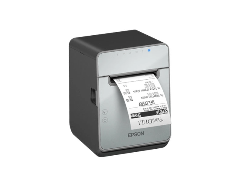 Epson TM-L100 black direct thermal POS label printer printing linerless food service labels, with USB, Ethernet and Lightning connectivity