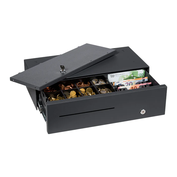 Anker MDS45 anthracite cash drawer open with euro notes, coins, 8 coin trays and lock, compact 460 x 130 x 230 mm for retail POS systems