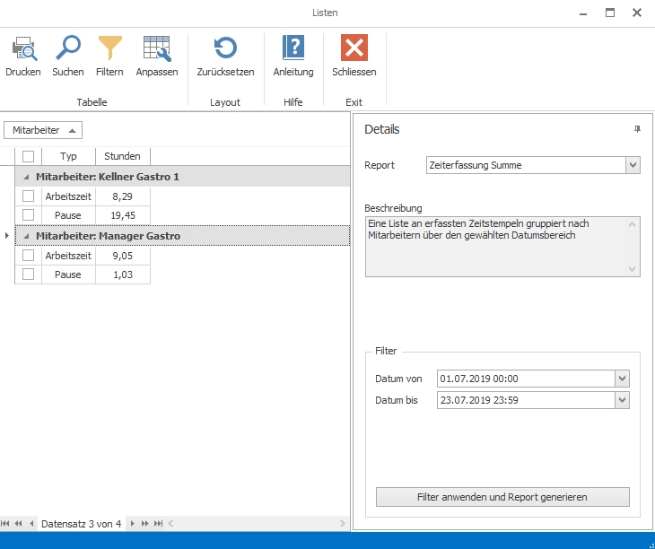 GastroSoft Zeiterfassung Add-On mit Reportansicht für Arbeitszeit und Pausen in der Gastronomie-Kassensoftware
