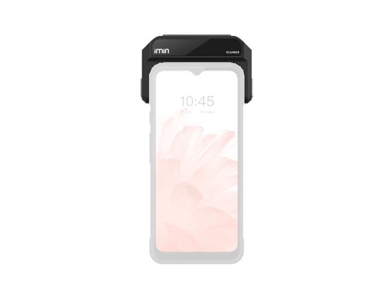 Clip-on iMin barcode scanner attachment for Swift 1 handheld, enabling fast 1D and 2D scanning for mobile POS, retail checkout and stockroom use.