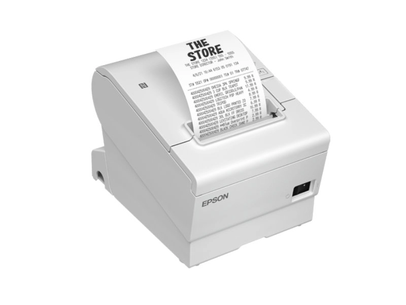 White Epson TM-T88VII-W 80mm direct thermal POS receipt printer printing a receipt, with USB, Ethernet and RS232 for retail and hospitality checkouts