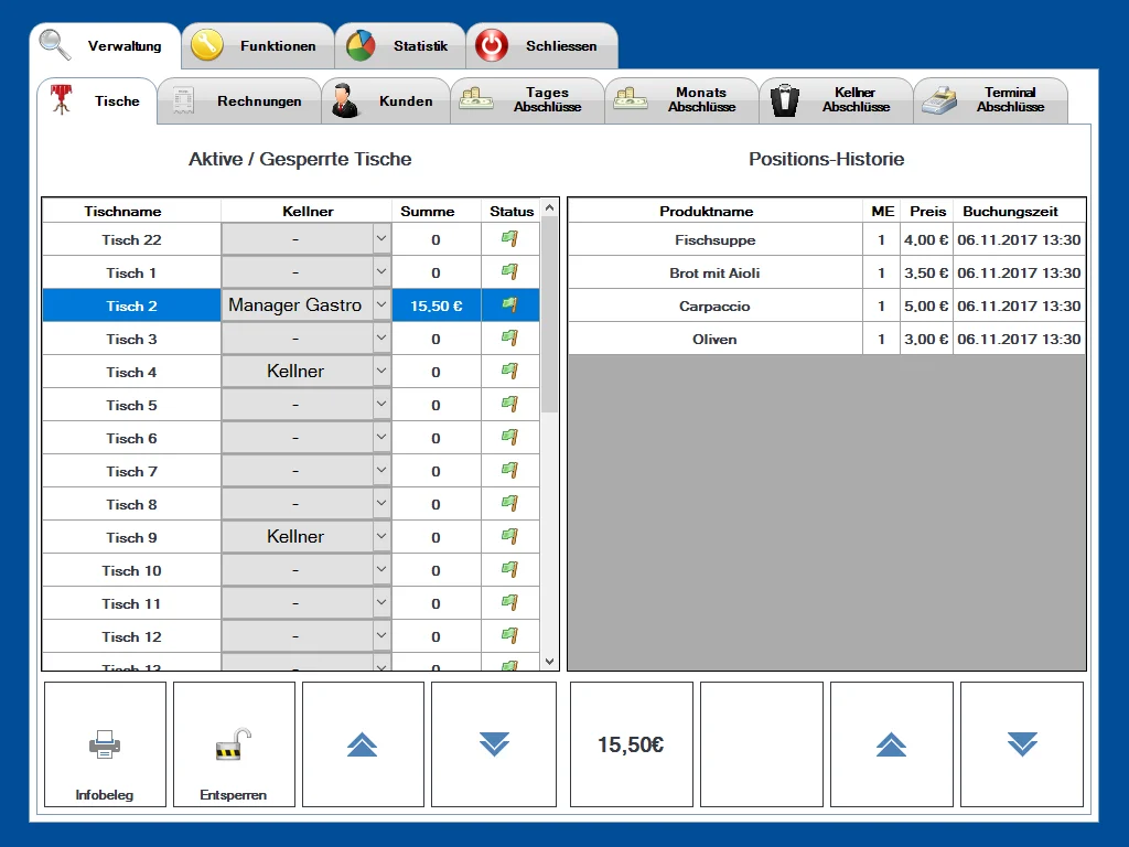 Bildschirm eines Gastro Kassensystems mit Tischübersicht