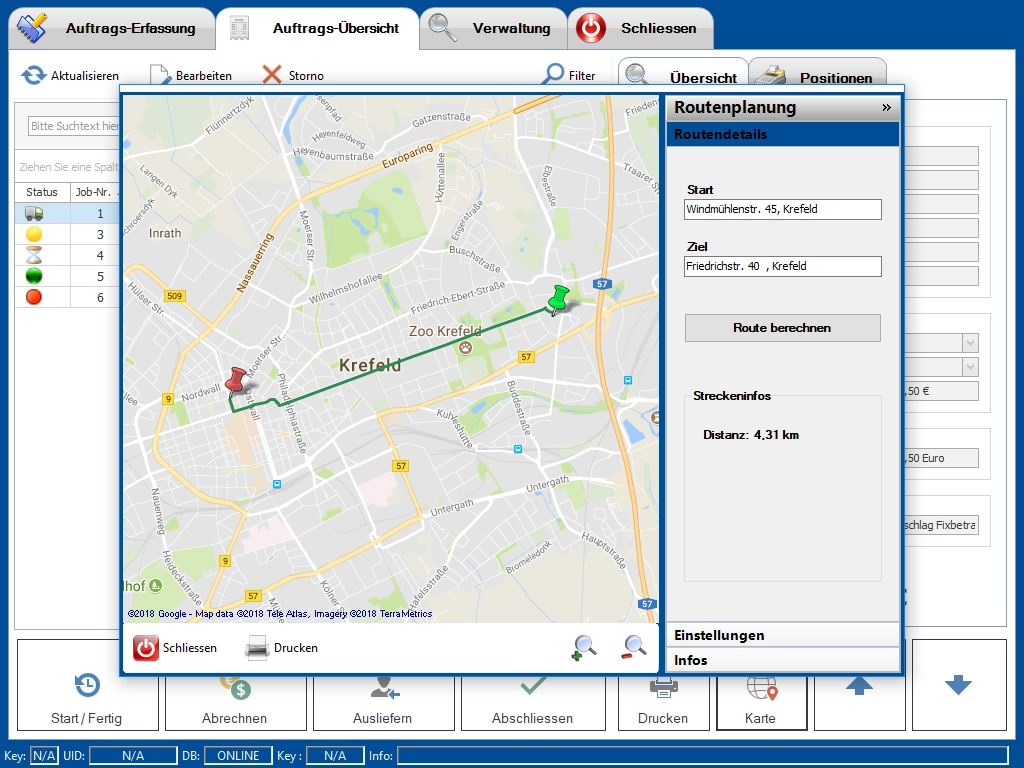 Screenshot des GastroSoft Lieferdienst Add-Ons mit Kartenansicht, Routenplanung und Lieferstatus für Online-Bestellungen via Lieferando & Co.