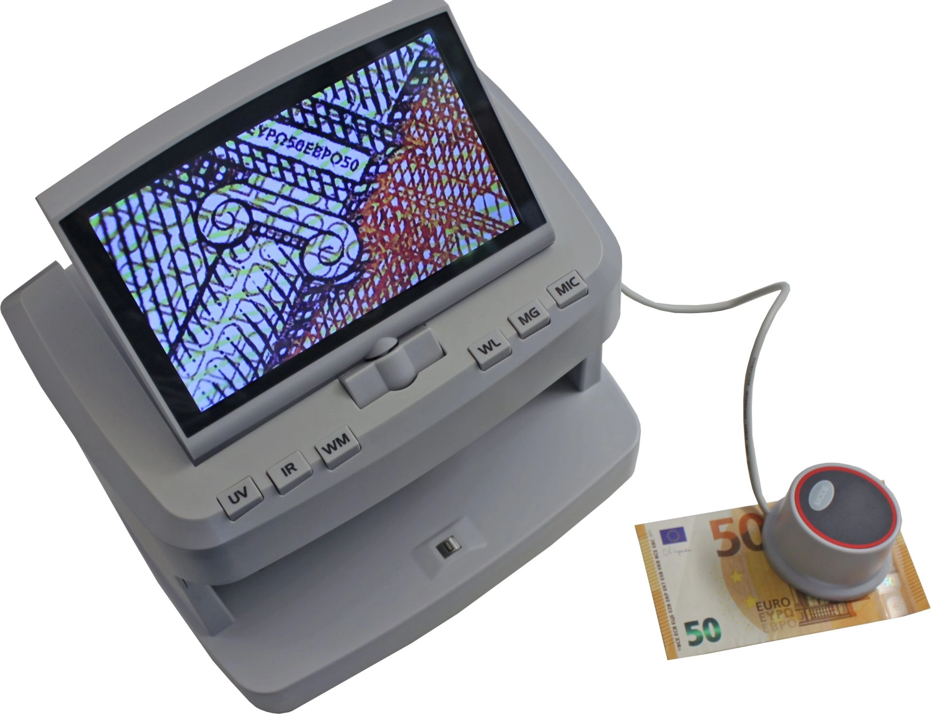 Graues Banknotenprüfgerät mit großem Display und Sensor prüft einen 50-Euro-Schein auf Echtheit, inklusive UV-, IR-, WM-, WL-, MG- und MIC-Tasten.