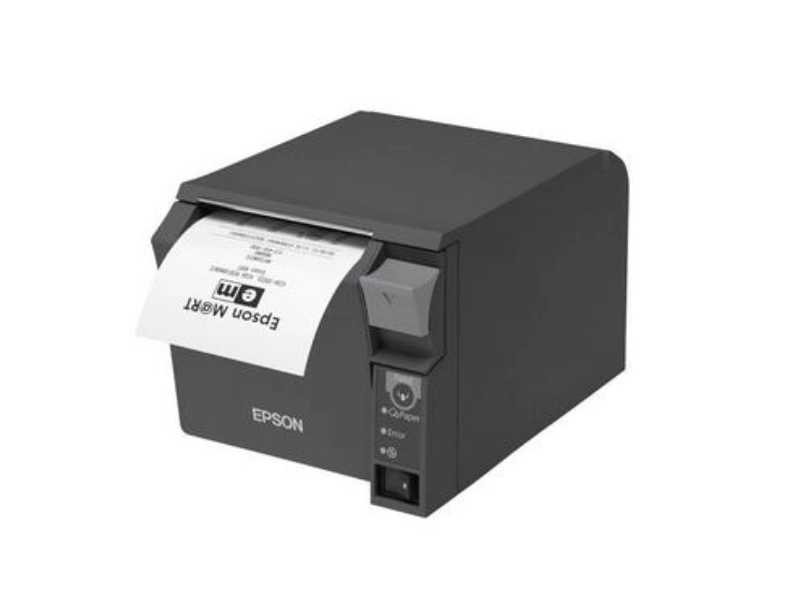 Epson TM-T70II black 80mm thermal receipt printer with front-exit paper, USB and RS232 connectivity for compact retail POS tills