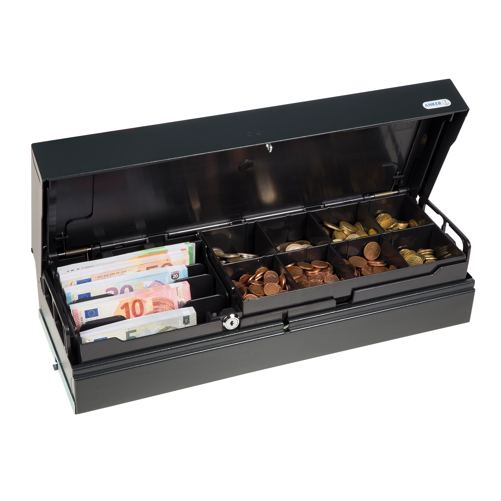 Open ANKER Universal Cash Cassette 16400.700-0020 with lockable insert, 5 note compartments and flexible coin sections for secure cash handling