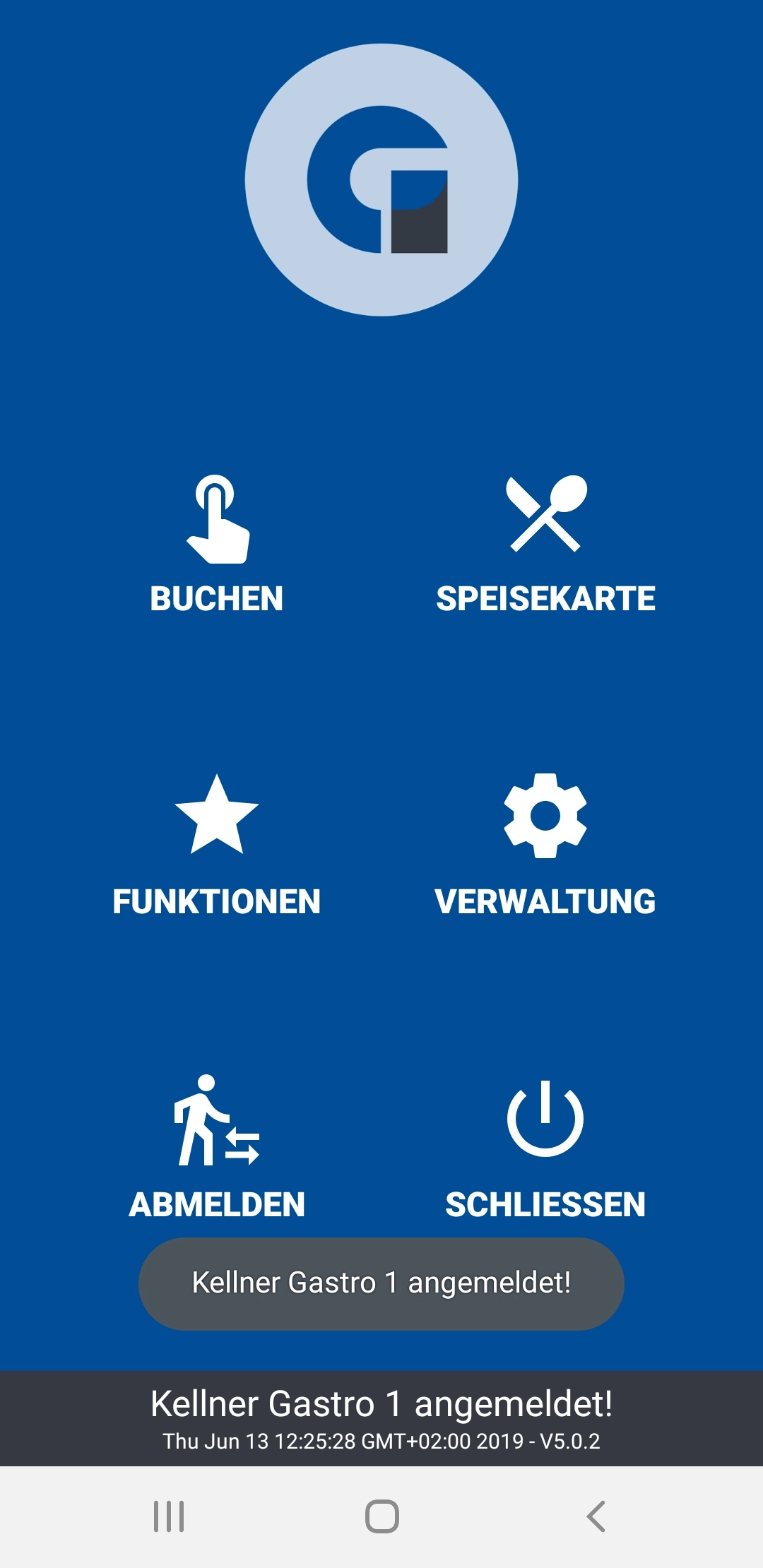 Blauer Gastro-App Startscreen mit Icons für Buchen, Speiseka