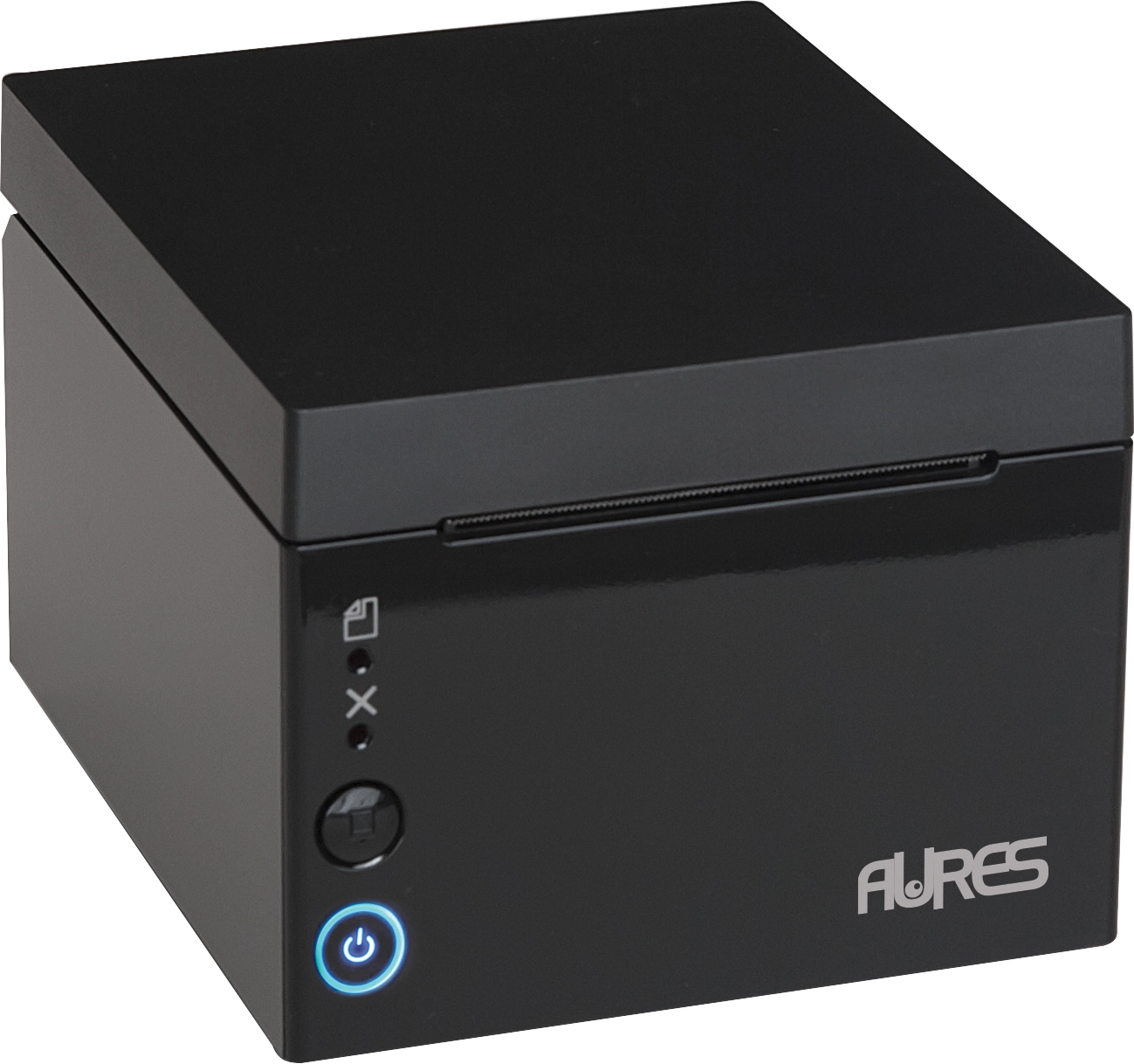 Schwarzer Aures ODP 333 Thermo-Bondrucker mit frontseitiger Belegausgabe, USB, LAN und RS232 für 58/80-mm-Bonrollen im Handel und in der Gastronomie