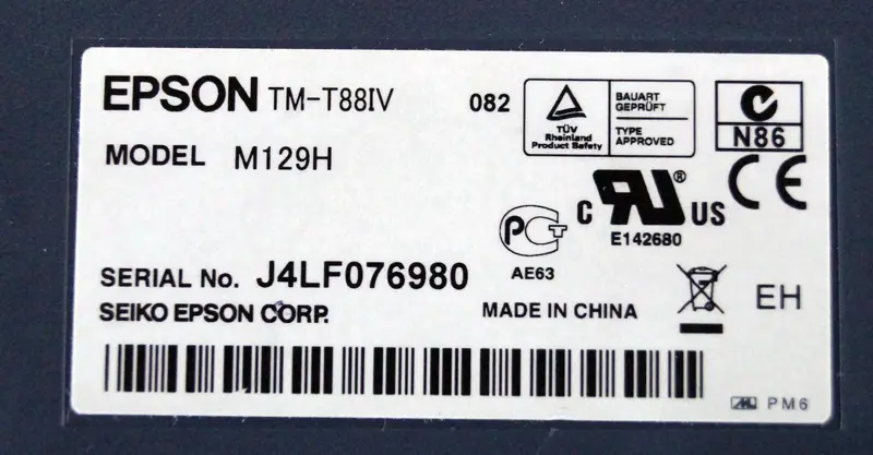 Typenschild Epson TM-T88IV Thermodrucker Modell M129H