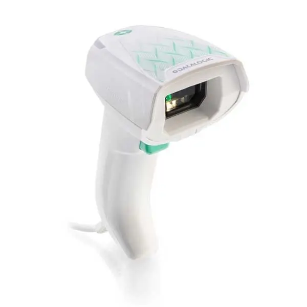Datalogic Gryphon GD4690 HC disinfectable USB 2D barcode scanner for clinics, labs and pharma, shown in white healthcare design.