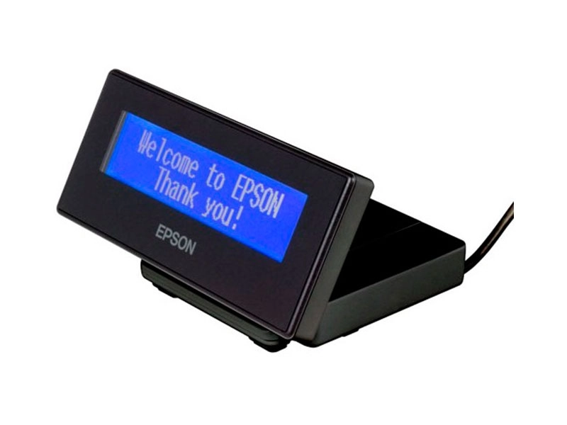 Black Epson DM-D30 USB customer display with 2-line, 20-column blue screen for retail and hospitality checkouts, compatible with TM-m30 POS systems