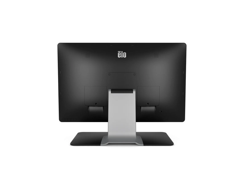 Rückansicht des schwarzen EloTouch 2202L 21,5 Zoll PCAP Touchmonitors mit Standfuß, USB-Anbindung und VESA-Montage für POS und Gastronomie