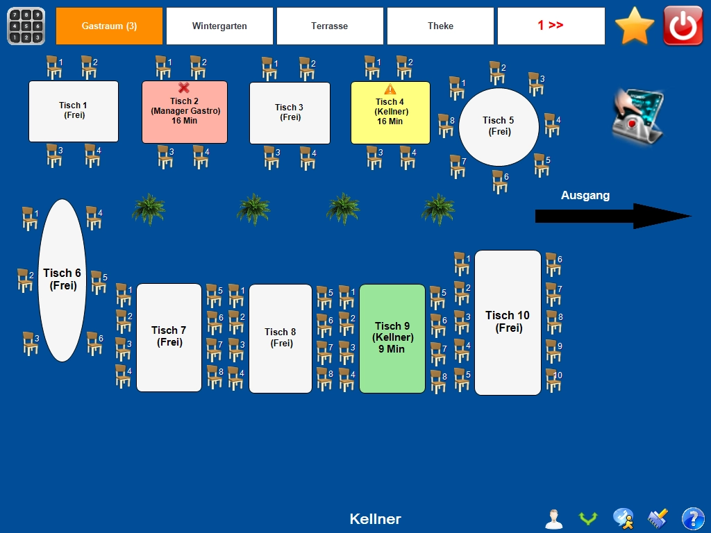 Screenshot der GastroSoft Light Kassensoftware mit Tischplan für Gastraum, Terrasse und Theke auf der MagicPOS 15 Zoll Gastro-Kasse mit Bondrucker und TSE