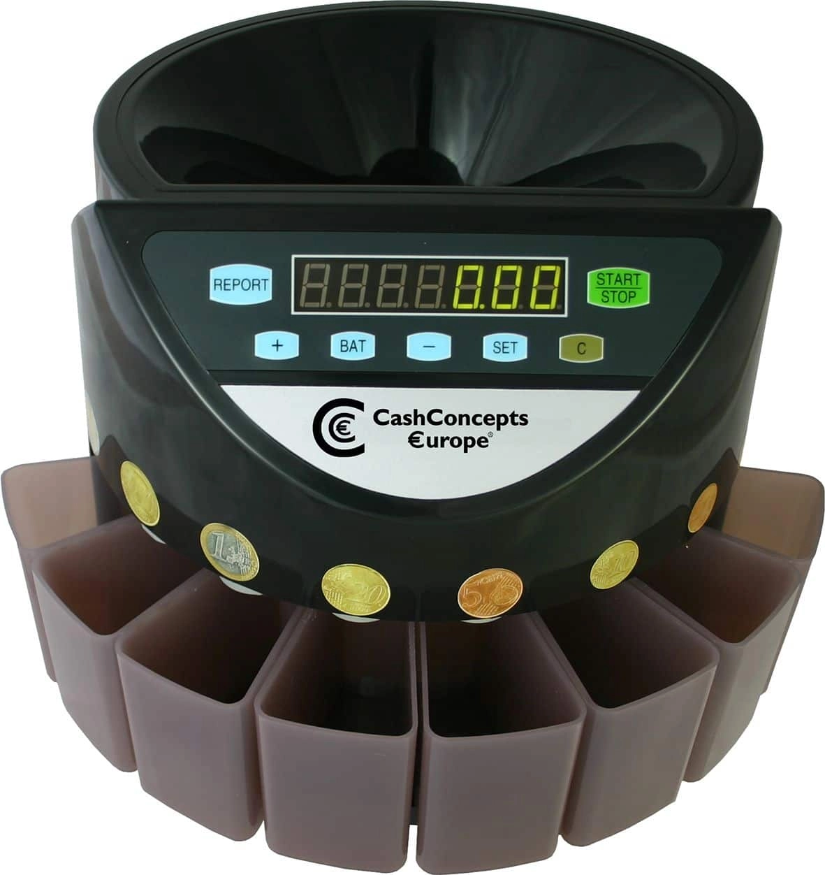 Schwarze CashConcepts Europe Münzzählmaschine mit Display, Bedientasten und mehreren Sortierfächern für Euro-Münzen