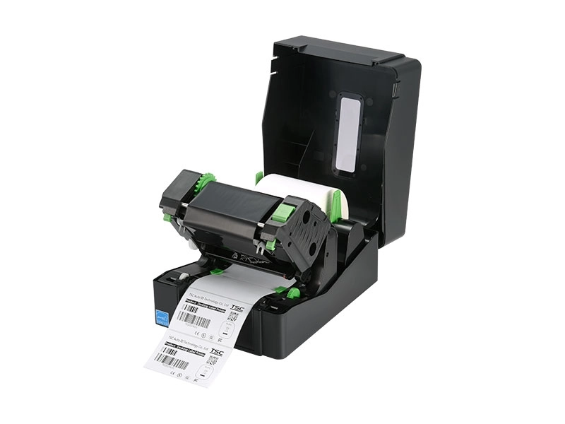Geöffneter TSC TE210 Thermotransfer-Etikettendrucker mit eingelegter Etikettenrolle für Barcode- und Versandetiketten, 203 dpi, USB, Ethernet, RS232