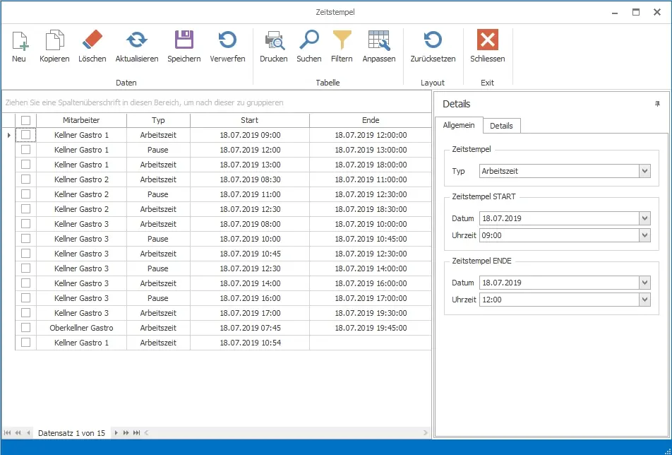 Benutzeroberfläche einer Zeiterfassungssoftware
