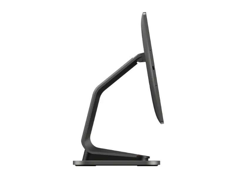 Flacher schwarzer Monitor seitlich mit elegantem Standfuß