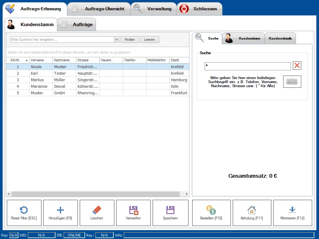Screenshot einer Kundenverwaltungssoftware mit Suchmaske
