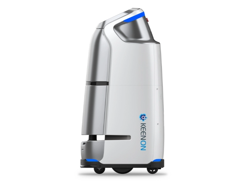 Keenon W3 Butler hotel service robot in side view, designed for automated room service deliveries with secure 90L compartments and 3D obstacle avoidance