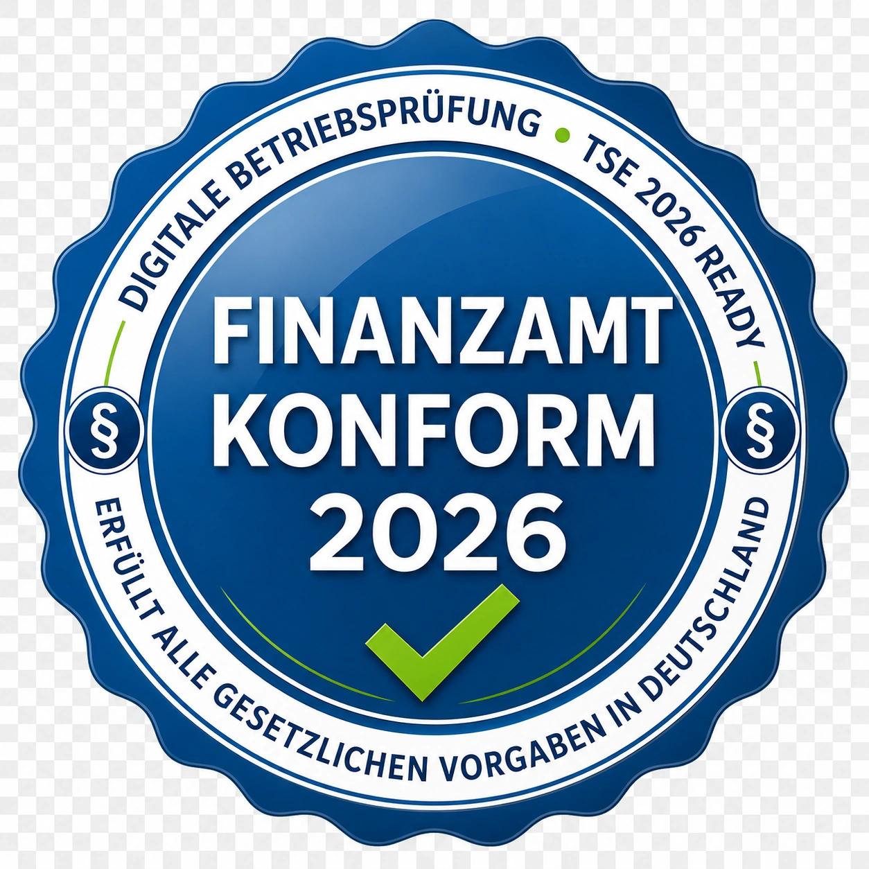 Blaues Siegel „Finanzamt konform 2026“ für GastroSoft Standard Kassensoftware Gastronomie bis 50 Tische mit TSE und Kassenbuch-Modul