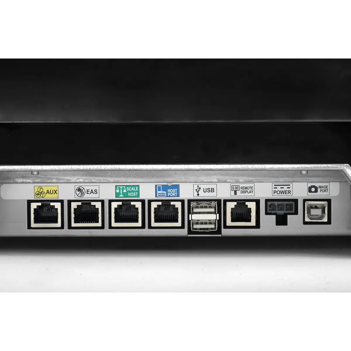 Anschlussleiste des Datalogic Magellan 9400i Einbauscanners mit USB-, Power-, Host- und Image-Port für POS-Kassen