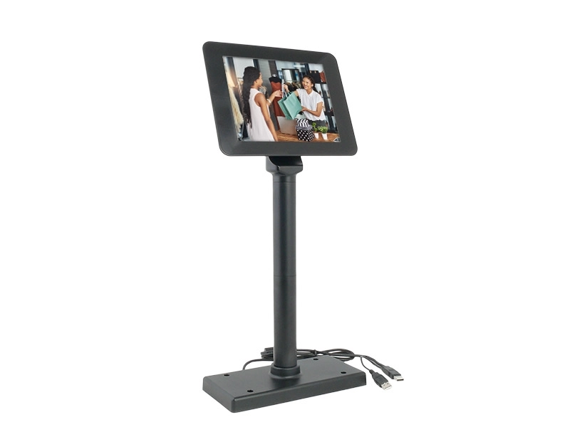 Black 8-inch Artdev SD800 USB POS customer display monitor with True Flat IPS LCD on stand for cash registers in shops and cafés