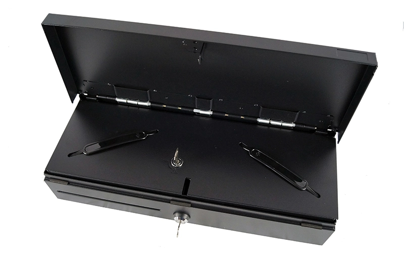 Open MagicPOS 410FT black flip-top cash drawer for compact POS counters, with lock, RJ11 connection, front slot and 6 bill/8 coin layout.