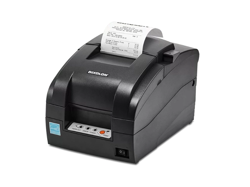 Bixolon SRP-275III black dot matrix POS receipt printer with printed receipt, cutter, USB and parallel connectivity for restaurants and retail