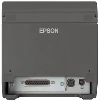 Rückansicht des schwarzen Epson TM-T20III Bondruckers mit USB- und RS232-Anschluss, Cutter und 80-mm-Thermodruck für POS-Kassen