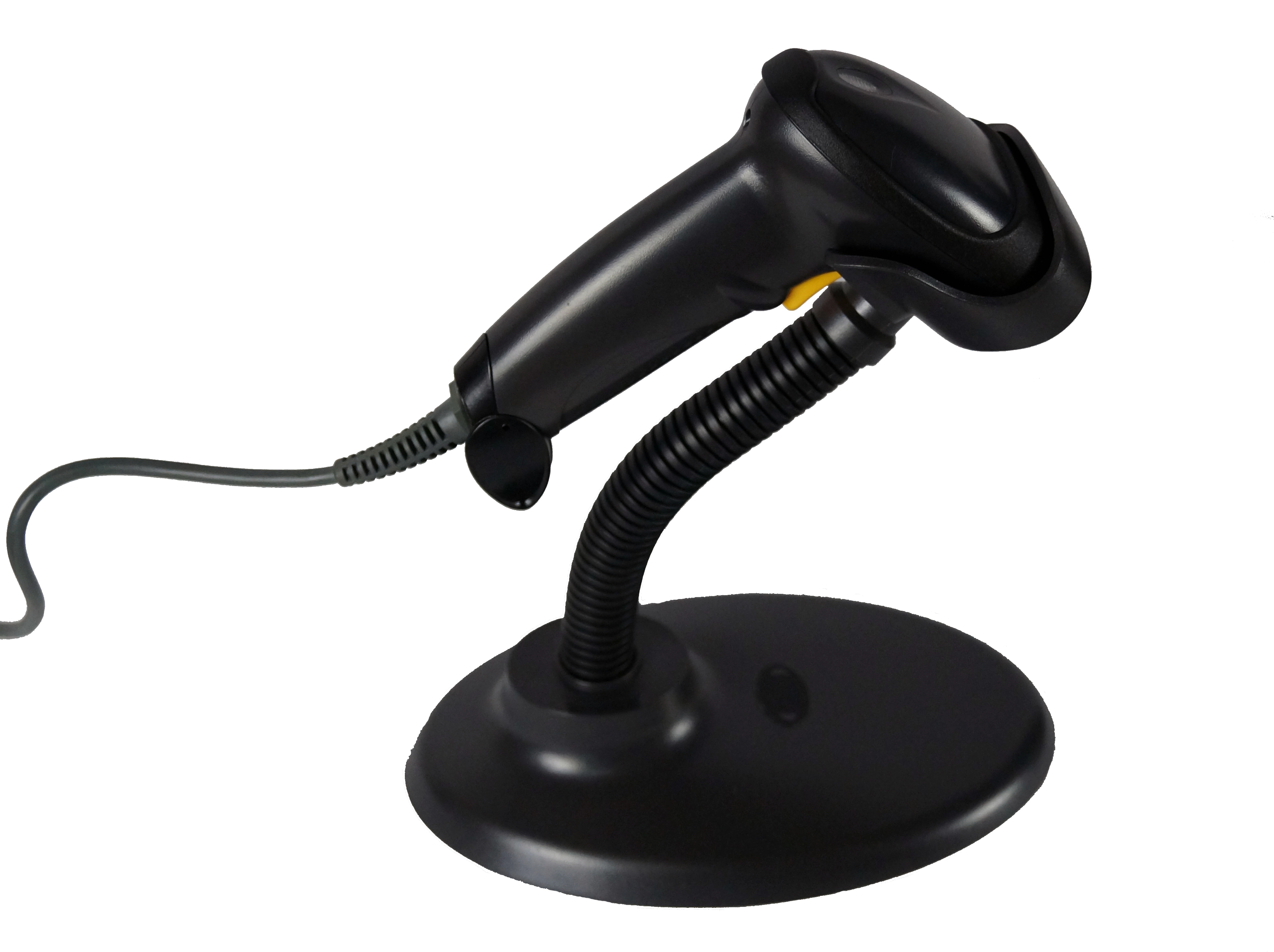 Schwarzer 1D-USB-Barcodescanner mit Standfuß als Zubehör für MagicPOS Handel Kasse 15 Zoll Touch MegaSetplus mit Kassensoftware und TSE