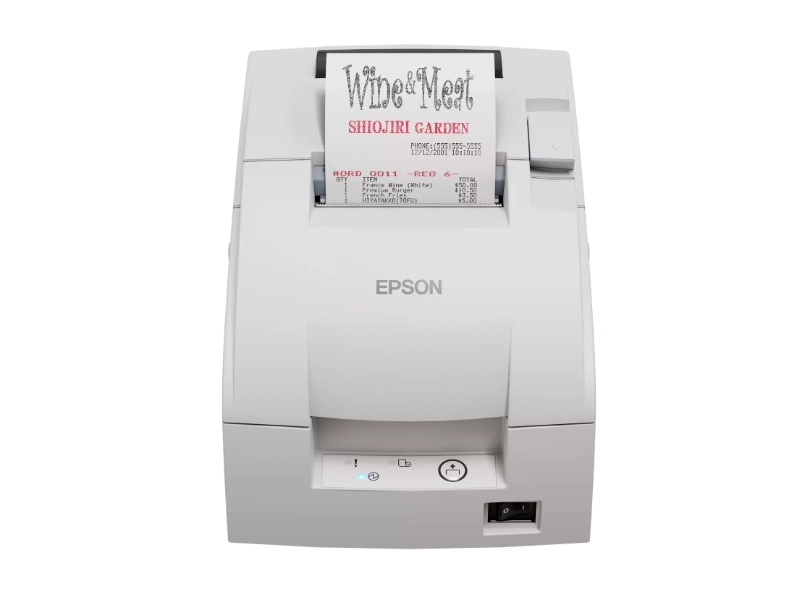 White Epson TM-U220IIB Ethernet dot matrix receipt printer printing a kitchen order, with 76mm cutter for retail and busy hospitality environments