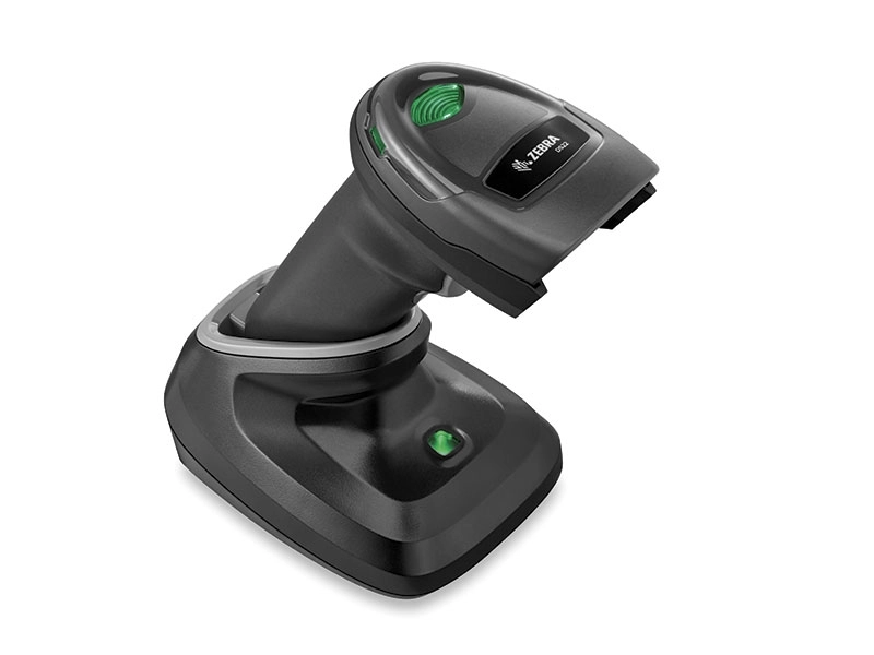 Zebra DS2278 wireless Bluetooth 1D/2D barcode scanner in charging cradle, ideal for POS scanning with USB kit and long battery life