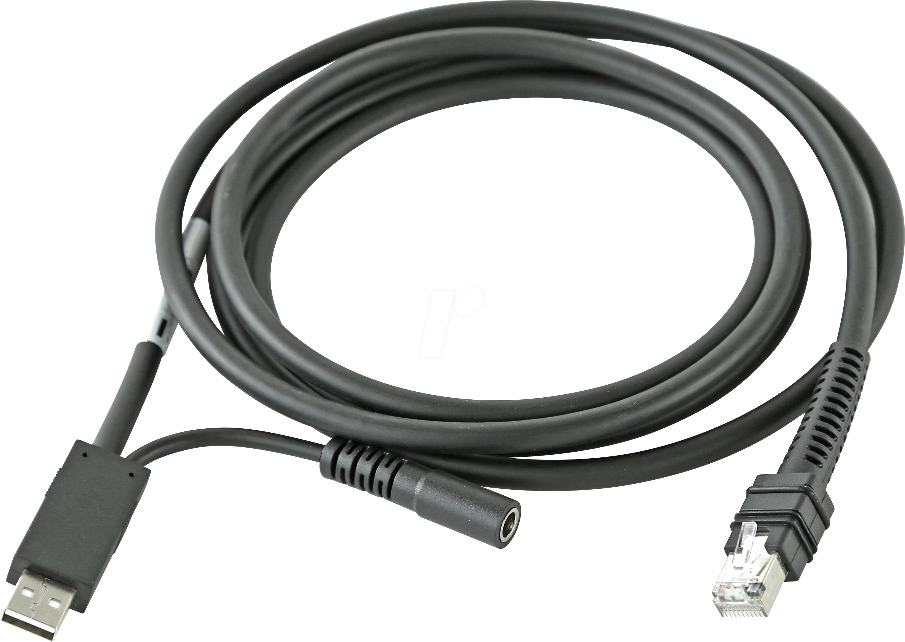 Coiled black ZEBRA U42-S07PAR shielded 2 m USB barcode scanner cable with PSU port for retail, warehouse and POS scanner connections