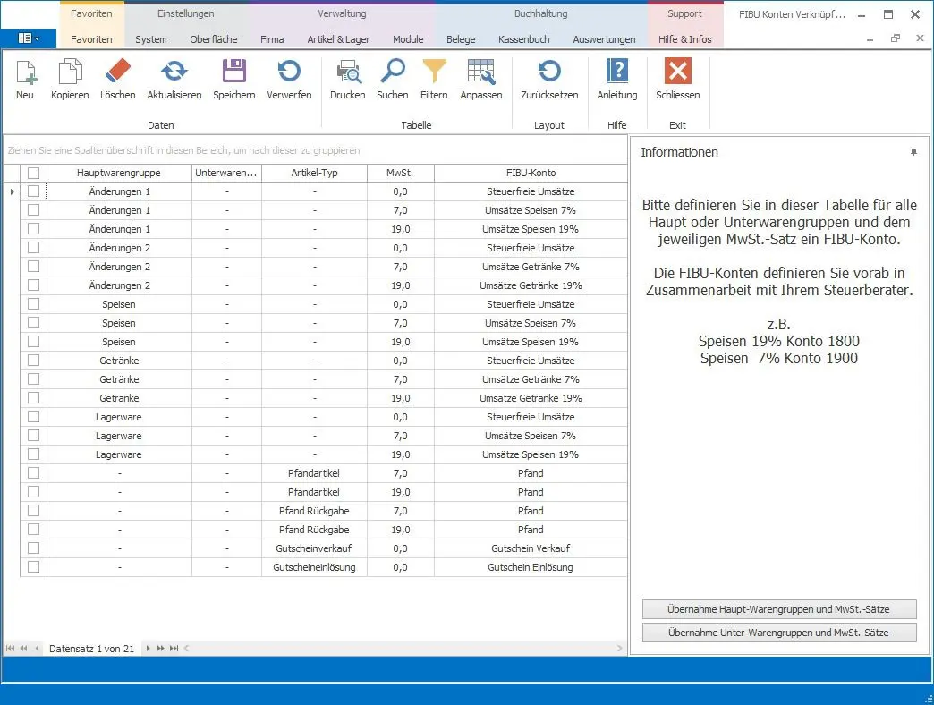Softwaremaske zur Zuordnung von MwSt.-Sätzen zu FIBU-Konten