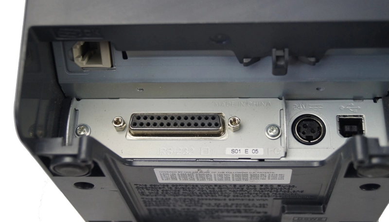 Anschlussseite des schwarzen Epson TM-T88V Bondruckers mit RS232, LAN und USB für 80-mm-POS-Bons