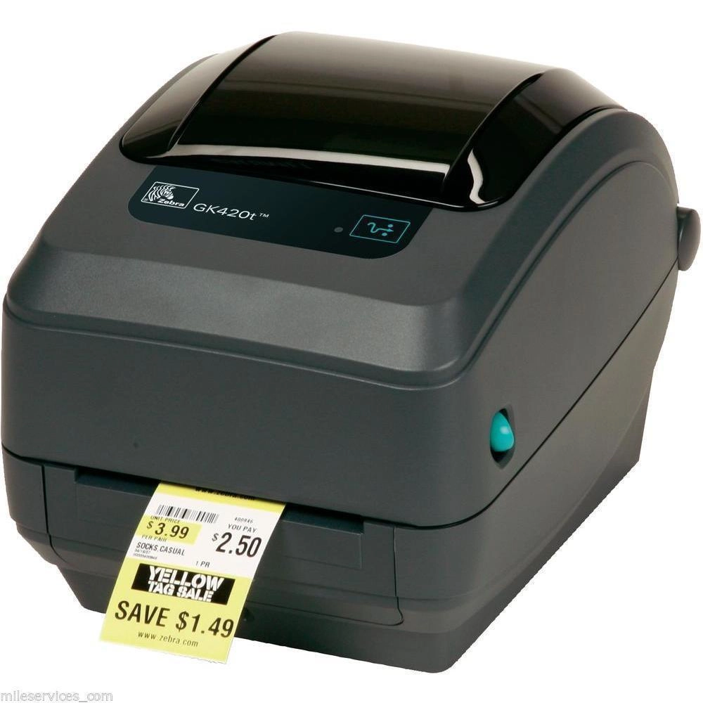 Refurbished Zebra GK420t USB LAN thermal transfer label printer printing labels for shipping, retail and warehouse workflows