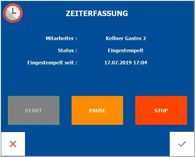 Bildschirm einer digitalen Zeiterfassung mit Status Eingeste