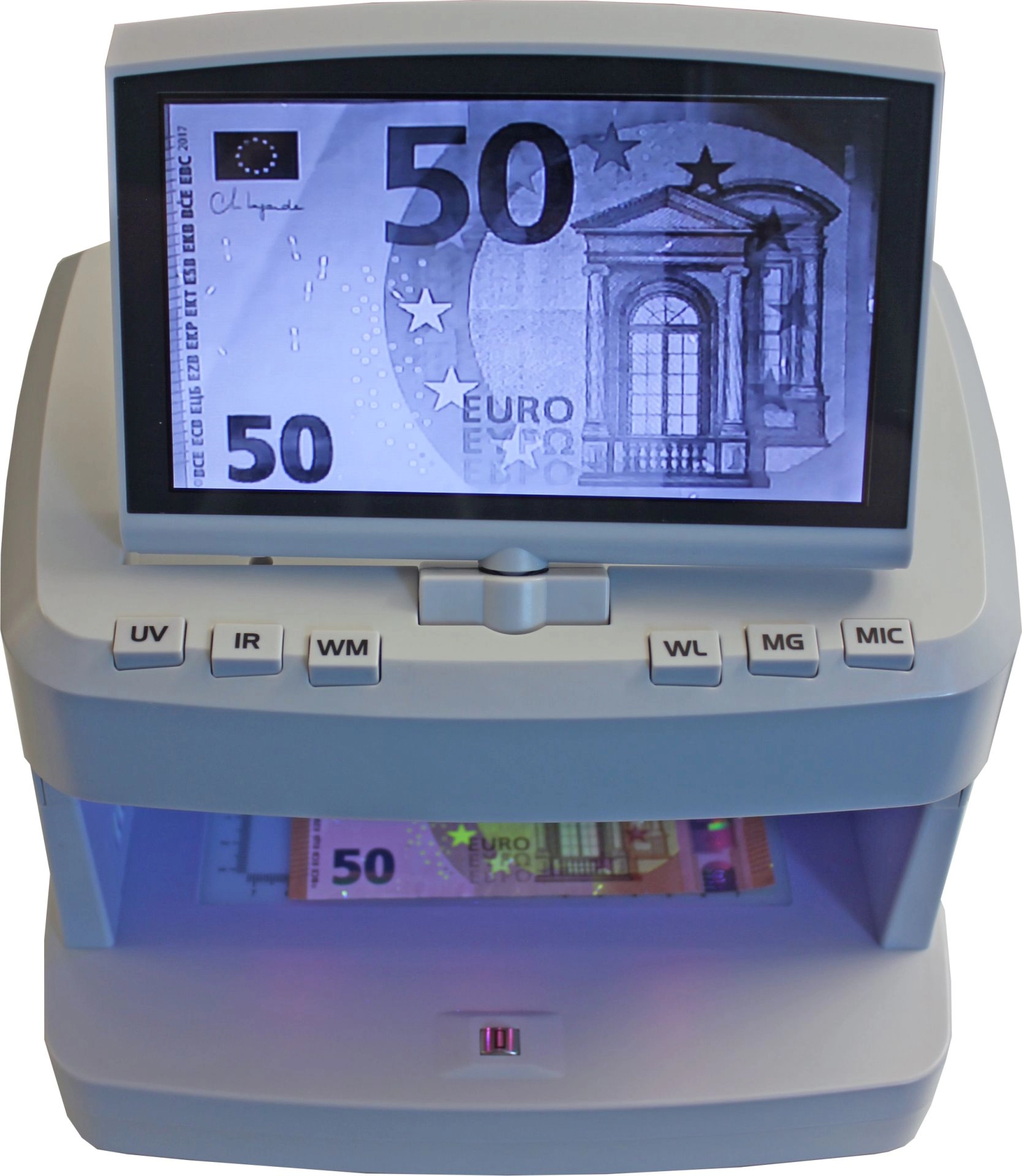 Geldscheinprüfgerät mit vergrößertem Display und UV-Licht bei der Echtheitsprüfung eines 50-Euro-Scheins